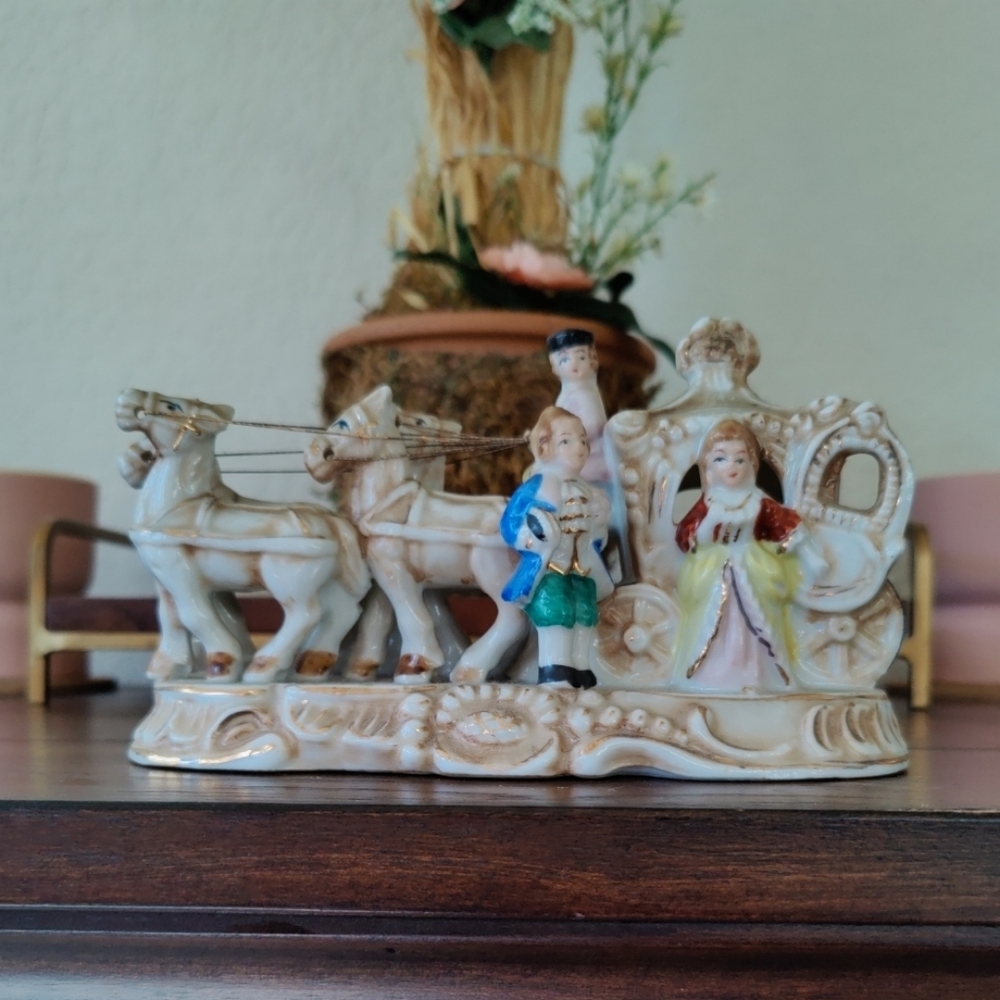Vintage Victorian Porcelain Horse Carriage Figurine with Courting Couple.